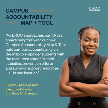 Quoted graphic of Kenyora Johnson ‘10 sharing the launch of the Campus Accountability Map & Tool, 2023.