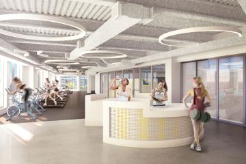 A rendering of students using exercise equipment in the Fitness and Recreation Area of the new Living and Learning Center