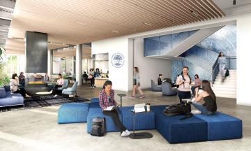 A rendering of students seated and moving through the main lobby of the new Living and Learning Center