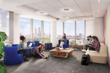 A rendering of students studying in the student lounge on the residence floor of the new Living and Learning Center. The Boston skyline is visible from the windows.