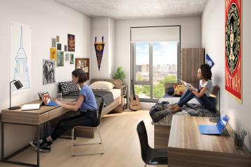 A rendering of a student residence room within the new Living and Learning Center