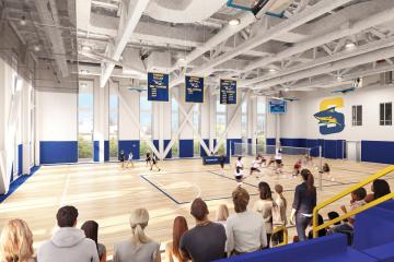 A rendering of students playing volleyball while fans look on from the bleachers in the gymnasium of the new Living and Learning Center