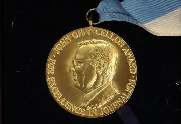John Chancellor Award for Excellence in Journalism Award medal, awarded to Gwen Ifill ’77, ’93HD in 2016 and bestowed posthumously in 2017, from the Gwen Ifill Papers collection, courtesy of Simmons University Archives.