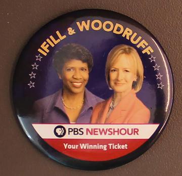 PBS NewsHour memorabilia of button depicting co-anchors Gwen Ifill ’77, ’93HD and Judy Woodruff, circa 2013, from the Gwen Ifill Papers collection, courtesy of Simmons University Archives. 
