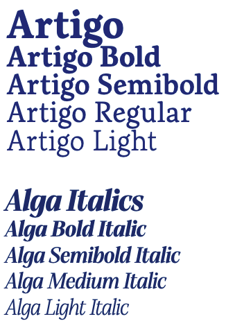 Simmons primary fonts: Artigo and Alga