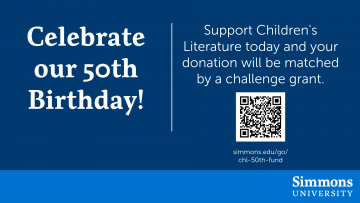 A graphic containing a QR code to donate in support of the 50th year of the Children's Literature Summer Institute