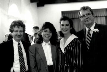 1988 Trustman Award Winners Lisa Lieberman '88 and Catherine Halloran '88 posed with Bob Oppenheim (left) President Holmes (right). From the Simmons University Archival Photograph Collection 001