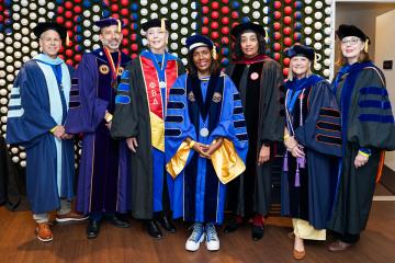 Simmons President Lynn Perry Wooten along with the Deans of the six Simmons schools at Commencement 2026. Photo credit: Ashley Purvis