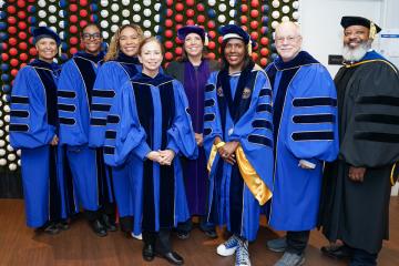 Simmons President Lynn Perry Wooten along with several of the speakers for the 2026 Commencement ceremony. Photo credit: Ashley Purvis