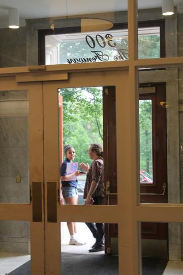 Orientation 2026 - People standing by MCB main entrance
