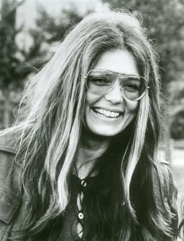 Portrait of Gloria Steinem on the Simmons College campus, 1973.
