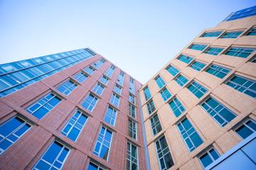 The view looking up from the 4th floor terrace of the Living and Learning Center.