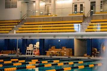 A view of the Simmons pool and balcony seating area.