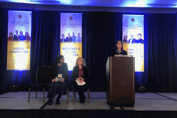 Associate Professor Rong Tang, Elaine Martin, and SLIS Director Sanda Erdelez present RDMLA at the iConference, April 2019 in Washington, D.C.