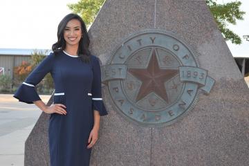 Bianca Valerio with City of Pasadena monument