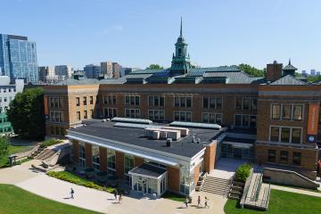 Aerial shot of the MCB and main campus quad