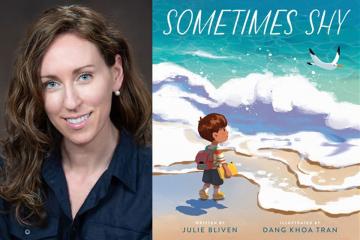 A side by side image with Julie Bliven alongside the cover of her book "Sometimes Shy"
