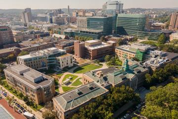 An aerial view of the Simmons University academic campus