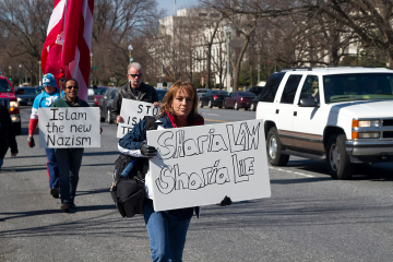 Protestors holding signs at an anti-Islam protest in Washington D.C., March 3, 2011