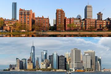 A composite image of the Boston skyline above the New York City skyline