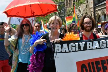 Senator Elizabeth Warren participates in the 2017 Boston Pride Parade. Photograph by ElizabethForMA, courtesy of Wikimedia Commons and Creative Commons.
