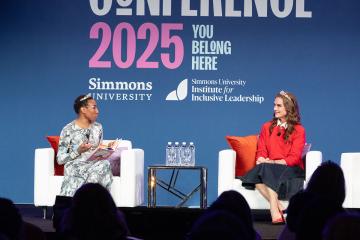 Trustee Tiffany Dufu and Brooke Shields in a fireside chat, Simmons Leadership Conference 2025, Jill Person Photography.