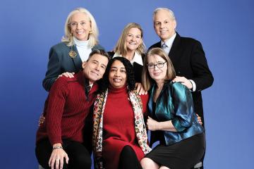 The Deans of the six schools at Simmons University: Astrid Sheil, Heather Shlosser, Paul Geisler, Michael LaSala, Ammina Kothari, and Sanda Erdelez