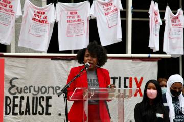 Kenyora Johnson ‘10, CEO of End Rape On Campus speaks in front of the Department of Education during a Title IX press rally, October 2021.
