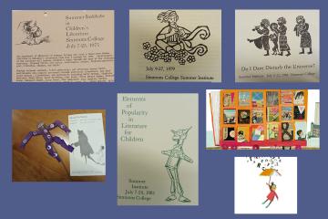 A collage of cover art from the Simmons Summer Children's Literature Institute, including a school bus and girl with umbrella.  Bus and girl Art Copyright © Melissa Sweet