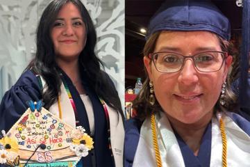 Elekcia Pimentel ’25 and Christina Orfanos ’25 in commencement attire