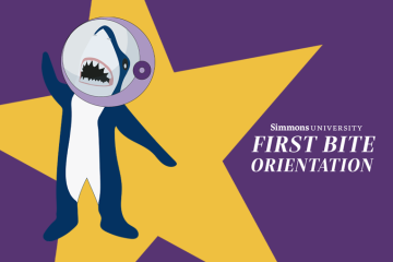 A graphic image of Stormy the Shark with an astronaut helmet on, in front of a big star - next to text "Simmons University First Bite Orientation"