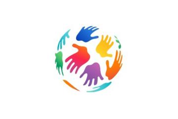 The HERE4Justice logo - a circle filled with colorful hand prints