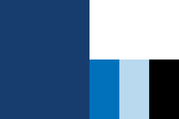 The primary color palette for Simmons University, consisting of a dark blue, white, medium and ligh blue, and black