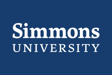 The Simmons University logo in white on a dark blue background