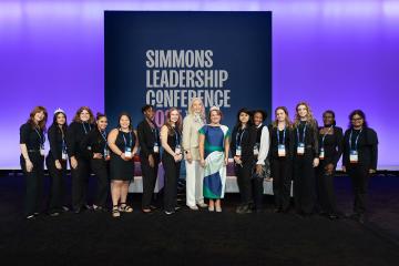 Dean Astrid Sheil, Kristen Palston, and students who worked on the Simmons Leadership Conference 2025