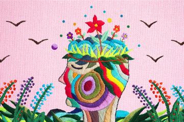 A colorful piece of art representing a profile of a face