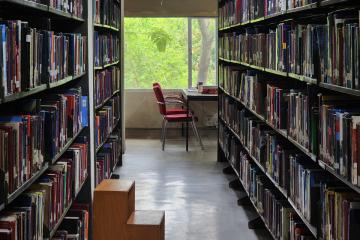 Shelves full of books in a rural library