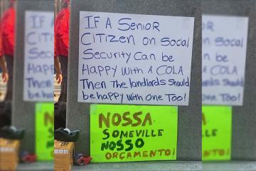 Signs from a rent control rally in Somerville, MA. The Brazilian Portuguese translates to "Our Somerville, our budget."