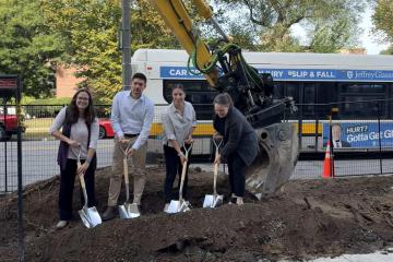Anna Aguilera, Professor of Biology at Simmons University; Peter Salvatore, Deputy Chief Engineer at Boston Water and Sewer Commission; Abby Oliveira, Senior Land Use and Sustainability Manager at Longwood Collective; and Sarah Rodrigo, Trust Program Manager at the City of Boston break ground for bioswale project