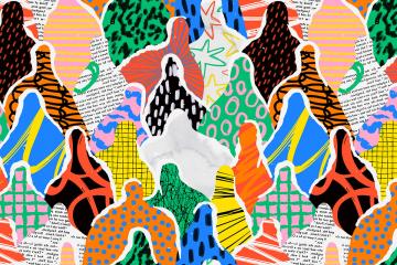 An abstract work of art depicting a diverse group of people