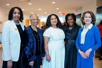  Dr. Ammina Kothari, Dean of the Ifill School, Ann Fudge ’73, ’98HD, Arielle Gray, President Lynn Perry Wooten and Ifill Forum keynote speaker Susan Goldberg