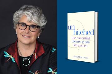 Side by side photo of Oona Metz ’93MSW and the book cover for her book "Unhitched"