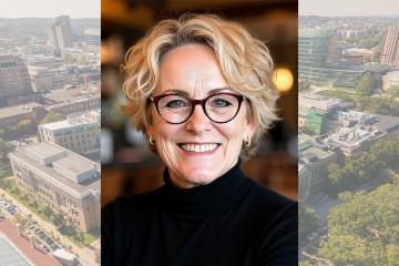 Headshot of Sara J. McKenzie ’93MBA overlaying an aerial photo of the Simmons University campus