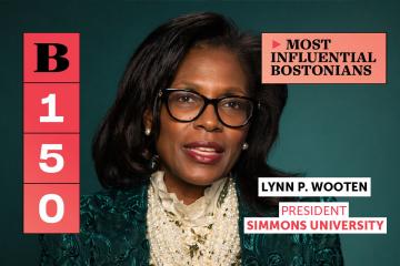 A photo of Simmons President Lynn Perry Wooten with an overlay declaring her a "Most Influential Bostonian" by Boston Magazine