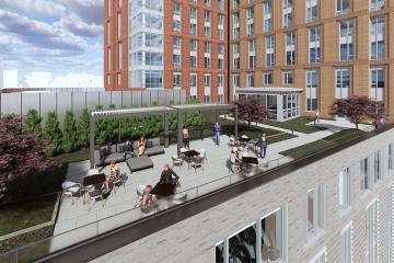 An artist rendering of the terrace on the 4th floor of the Living and Learning Center