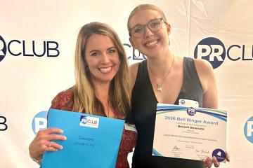 Communications student Nevaeh Berenato ’26 pictured with Associate Professor of Practice Carla Kath