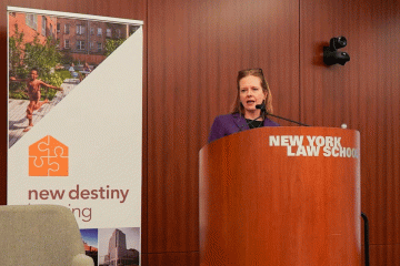 Researcher Kristie Thomas presenting the findings from the evaluation of New Destiny’s aftercare program for survivors of intimate partner violence who’ve received housing vouchers. Photo Credit: Zeny Gatdula/New Destiny Housing.