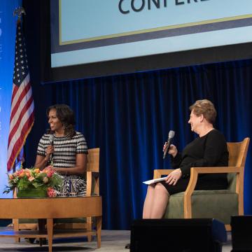 President Helen Drinan with Michelle Obama at the 2018 Simmons Leadership Conference.