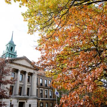 The front of the Main College Building in the Fall