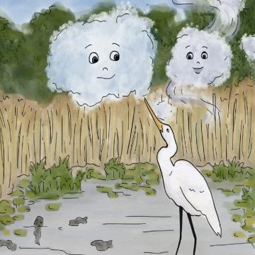 Illustration of clouds and a crane from What's Your Favorite Season by Professor Vieira